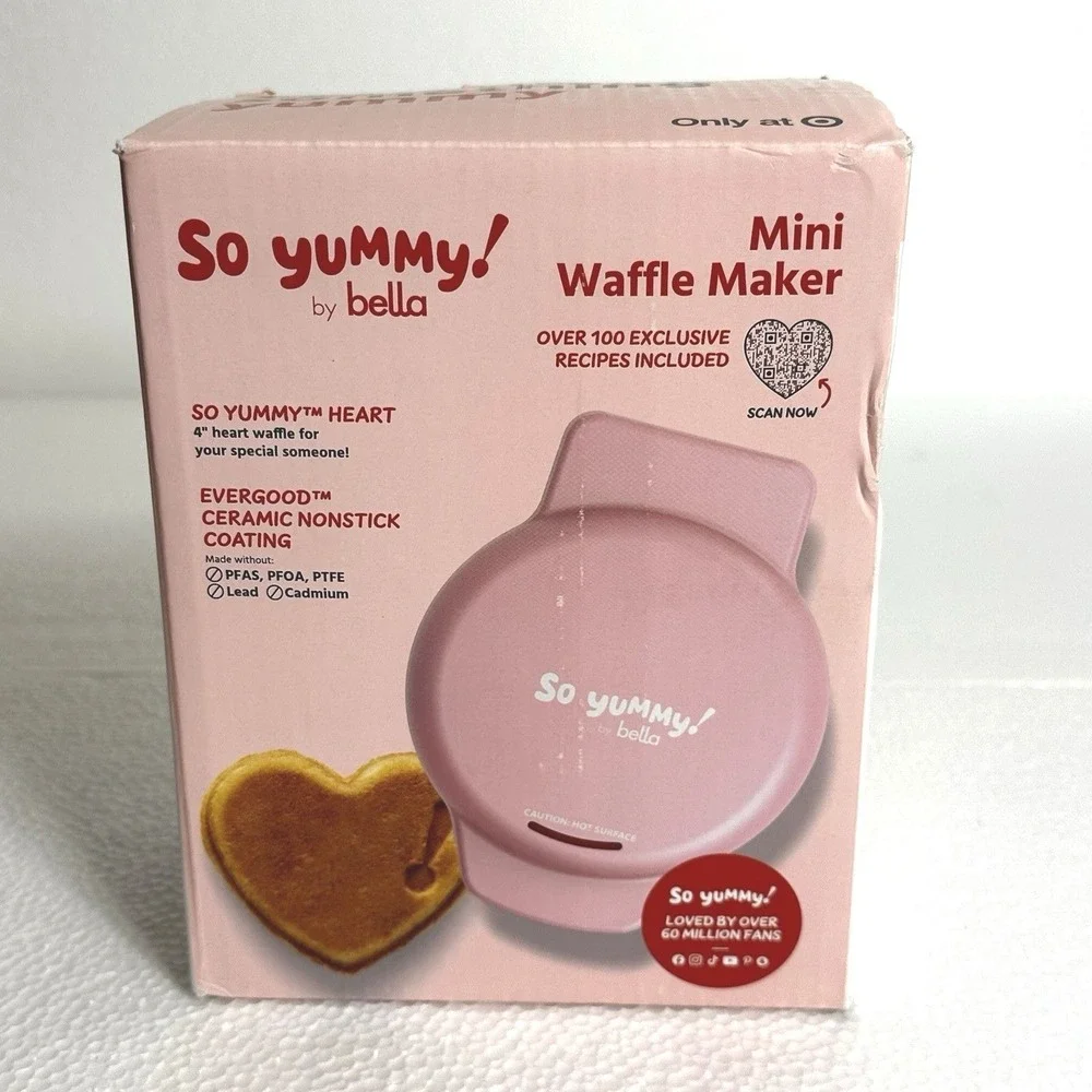 So Yummy by Bella Mini Valentine Pink Heart Shape Waffle Maker + Recipe Book NEW